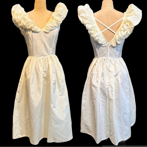 VINTAGE 80s dramatic ruffle sleeve collar formal gown‎ prom dress midi open back - Picture 1 of 17